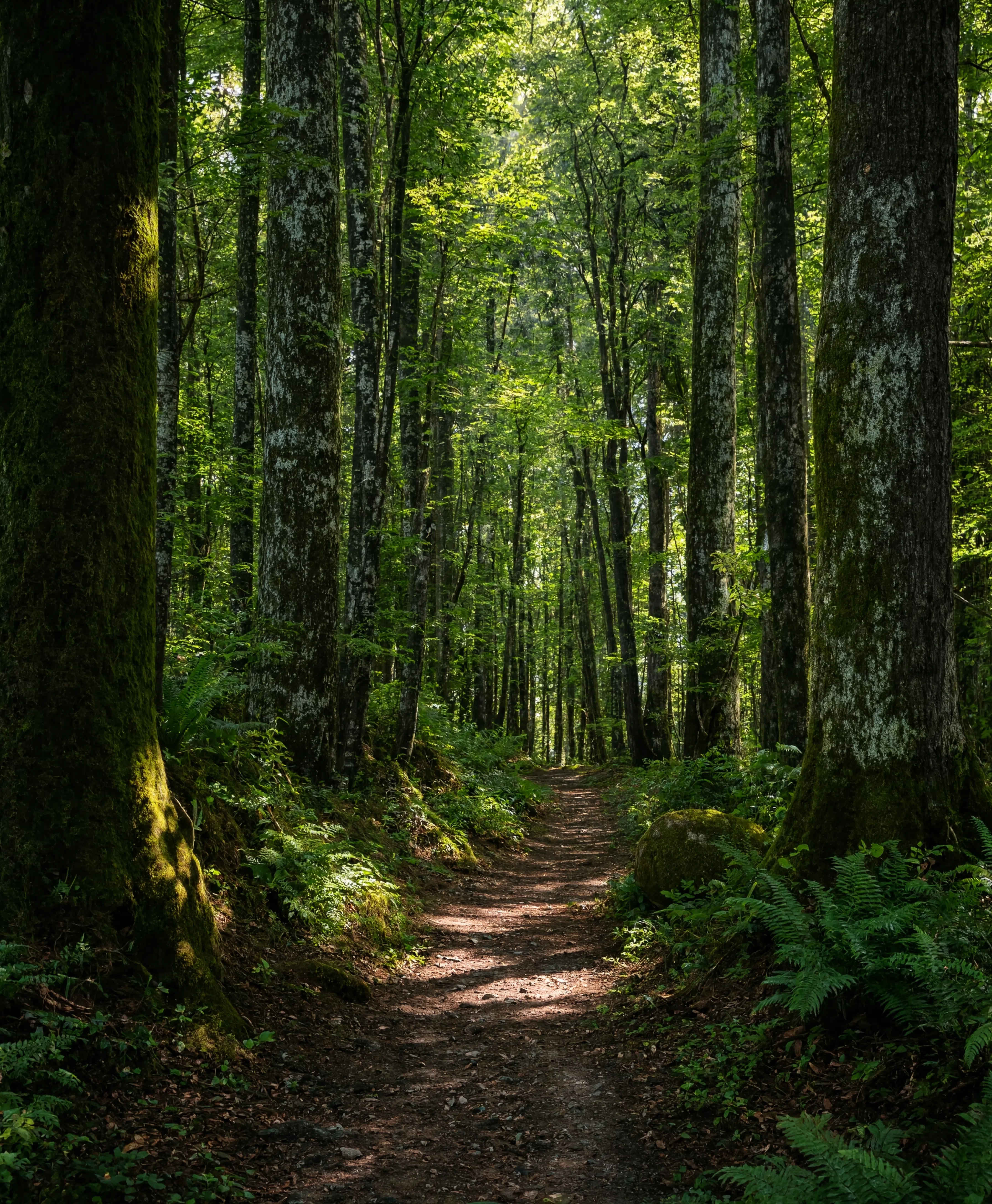 Waldpfad im deutschen Hochwald – schmaler Weg durch moosbedeckte Bäume