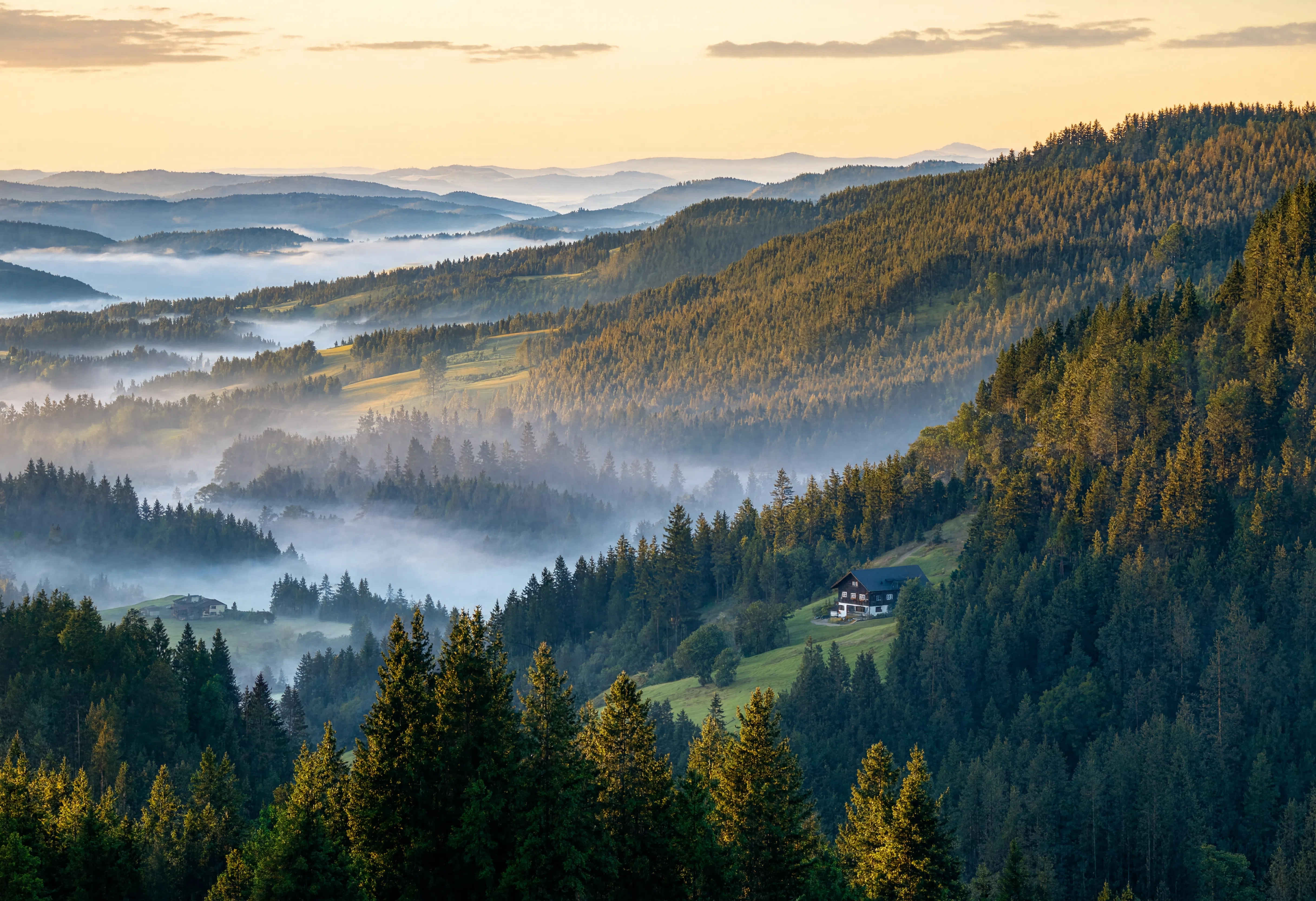 Schwarzwald – dichte Tannenlandschaft mit Morgennebel über den Tälern